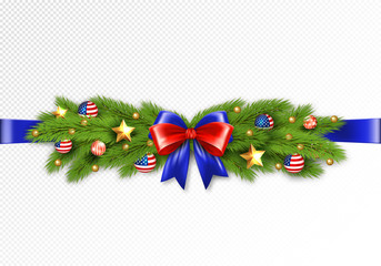 christmas partiotic illustration. vector border of christmas tree branches with golden stars and bal