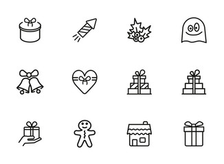 Poster - Festive decoration line icon set. Set of line icons on white background. Festive concept. Bells, gingerbread, present. Vector illustration can be used for topics like Christmas, new year, decoration 