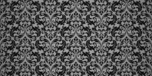 Wallpaper In The Style Of Baroque. Seamless Vector Background. Black And Grey Floral Ornament. Graphic Pattern For Fabric, Wallpaper, Packaging. Ornate Damask Flower Ornament