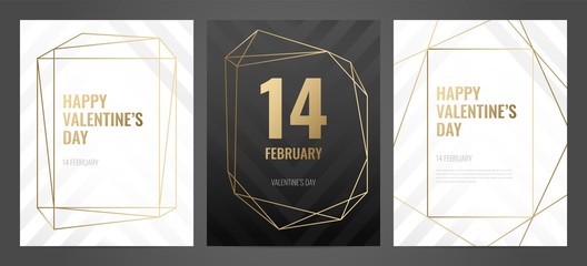 Wall Mural - Luxury Valentines Day poster template with gold frame and black background. Invitation template. Geometric shape.