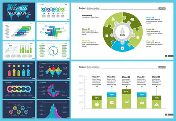 Business inforgraphic slide design set can be used for presentations, annual report, web design. Management concept. Process, option, comparison graphs, area chart, flowchart, donut diagram