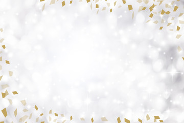 blur elegance silver bokeh color background with gold confetti spreading and copyspace for design on special day such as merry christmas festival , happy new year 2020 celebration, national event 