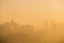 City In Smog And Fog, Buildings Silhouettes