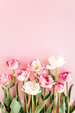 Fototapeta Tulipany - Pink tulips on pink background. Minimal floral concept greeting card. Flat lay, top view.