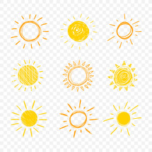 Vector Doodle Sun, Set Of Hand Drawn Funny Icons On Transparent Background,.