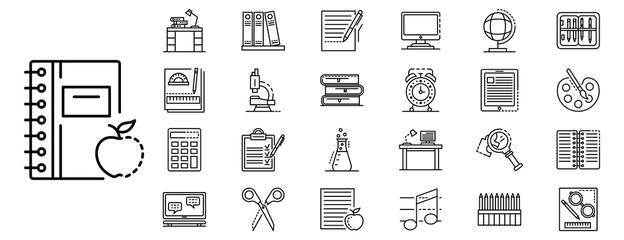 Poster - Homework icon set. Outline set of homework vector icons for web design isolated on white background