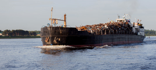 scrap metal on a river barge.