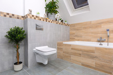 Modern Bathroom Interior With Gray Tiles And Wooden Decors