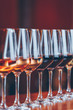 Wine glasses in a row. Buffet table celebration of wine tasting. Nightlife, celebration and entertainment concept