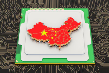 Poster - CPU computer processor unit with flag of China, 3D rendering
