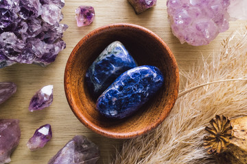 Wall Mural - Teak Bowl of Sodalite with Amethyst Crystals and Dried Poppy Flower