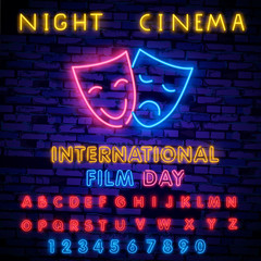 Cinema night set neon sing, label and logo. Cinema banner Design template, logo, emblem and label. Bright signboard, nightly bright advertising. Movie logo. Vector illustration