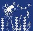 Underwater seascape blue and white. Seabed, underwater algae, fish, seahorse, octopus. Vector background.