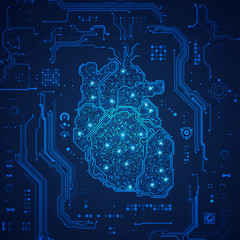 Wall Mural - concept of AI technology, graphic of shape of heart combined with circuit board with digital futuristic background