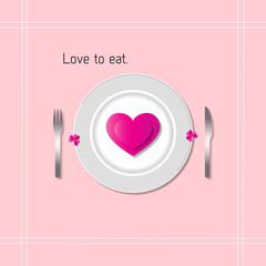 Love to eat design.For food and meal .For cafe and restaurant. Two heart on grey and white plate with silver fork and knife..