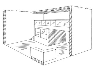 Exhibition stand graphic interior black white sketch illustration vector