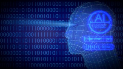 Artificial intelligence AI deep learning computer program technology - rotating characters, blue variant. Seamless loop able, 3D rendered, 4K UHD.