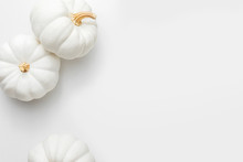 White Pumpkins On A White Background, Creative Flat Lay Thanksgiving Concept, Top View With Copy Space