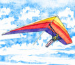 Hang glider on a bright colorful aircraft, sky with clouds landscape in soft colors palette, hand painted watercolor illustration