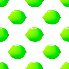 Wall Mural - Vector seamless pattern with flat icons of limes. Light green citrus fruit. Whie background. 