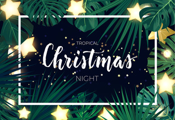 Wall Mural - Tropical Christmas on the beach design with monstera palm leaves gold glowing stars and light bulb garlands, vector illustration.
