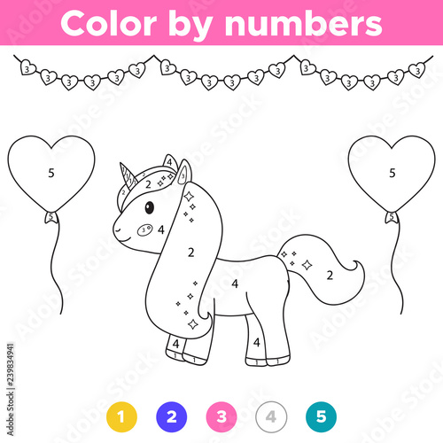 Number coloring page. Cute cartoon unicorn with balloons ...