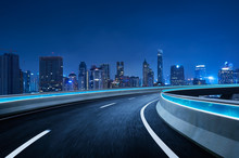 Curvy Flyover Highway Moving Forward Road With Bangkok Cityscape Night Scene View . Motion Blur Effect Apply