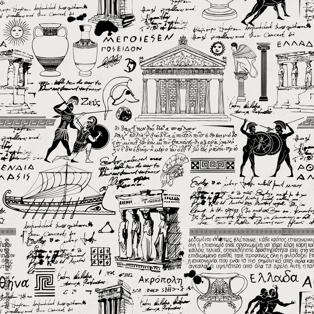 Vector seamless pattern on the theme of ancient Greece. Antique manuscript with sketches, illegible handwritten texts, blots and spots in retro style. Can be used as wallpaper or wrapping paper - obrazy, fototapety, plakaty 