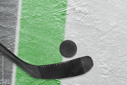 Fototapeta na szkło Hockey stick, puck and ice arena fragment with black and green lines