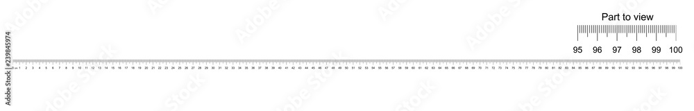 Ruler 100 cm with part to view. Measuring tool. Ruler scale 1 meter. Ruler grid 100 cm. Size indicator units. Metric Centimeter size indicators. Vector - obrazy, fototapety, plakaty 