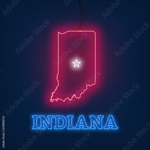 Fotografía Neon map State of Indiana on dark background.