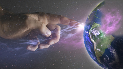 Poster - Touching planet with finger. Mixed media.
