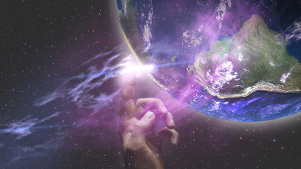 Poster - Touching planet with finger. Mixed media.