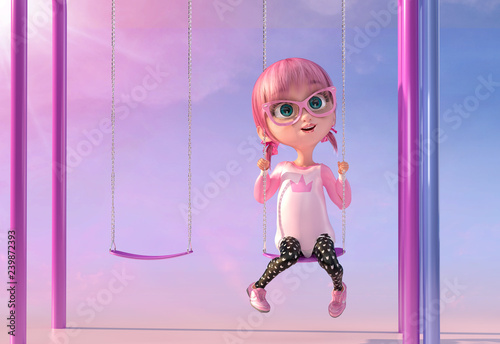 Illustration Of A Cute Cartoon Girl On The Children Playground In