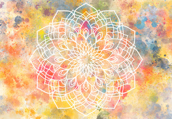 Wall Mural - Abstract mandala graphic design and watercolor digital art painting for ancient geometric concept background