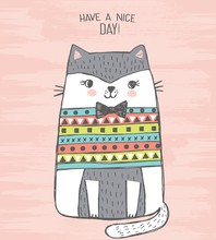 Cute Vector Illustration Of White And Gray Cat In Knitted Sweater With Bow Tie. Lovely Hand Drawn Card. Kitten Drawn With Colored Crayons And Pen. Have A Nice Day! More Beautiful Cards In My Portfolio
