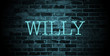 first name Willy in blue neon on brick wall