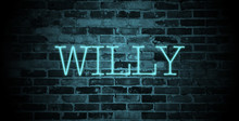 First Name Willy In Blue Neon On Brick Wall