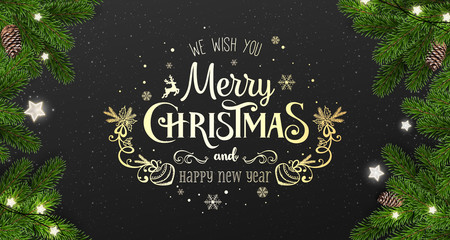 Wall Mural - Gold Merry Christmas Typographical on black background with tree branches, light garland, stars, pine cones. Xmas and New Year theme. Vector Illustration