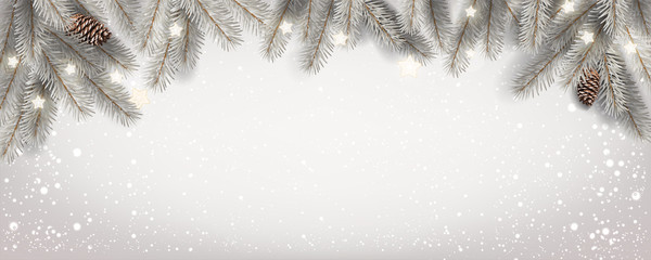 Christmas white snowy background with fir branches, stars, pine cones. Xmas and New Year theme. Vector Illustration