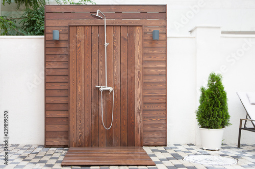 Outdoor Shower Made From Brown Wood Near Swimming Pool Buy This Stock Photo And Explore Similar Images At Adobe Stock Adobe Stock