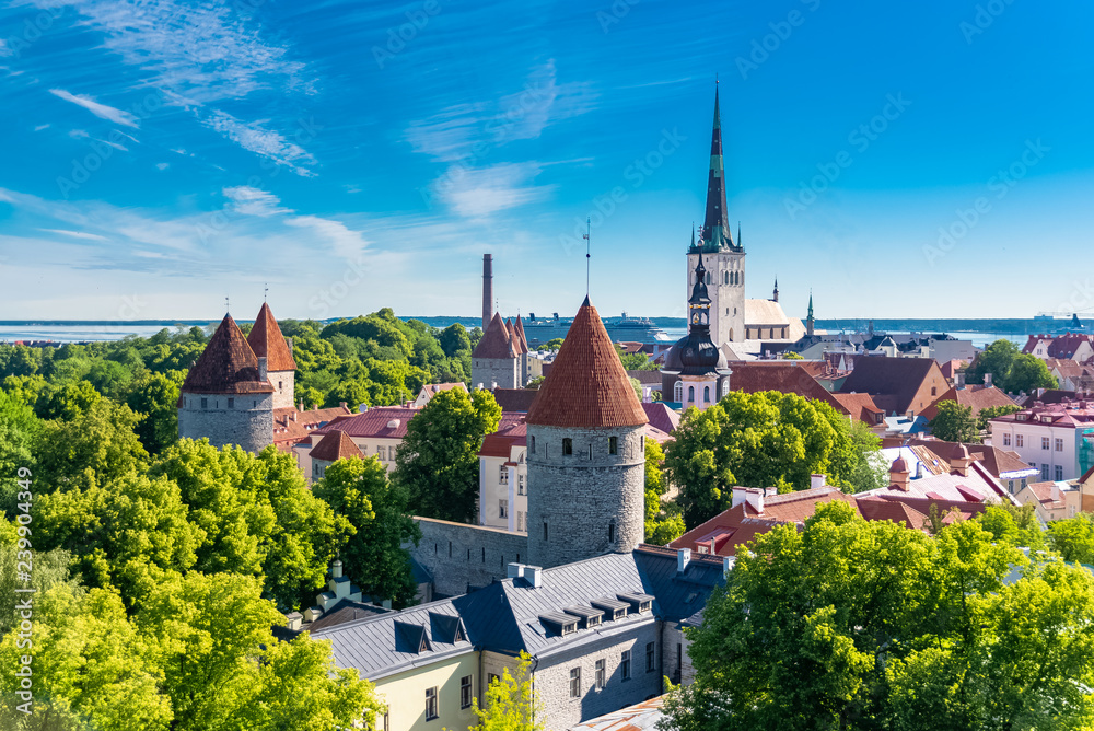 Obraz na płótnie Tallinn in Estonia, panorama of the medieval city with Saint-Nicolas church, colorful houses and typical towers  w salonie