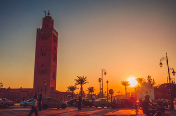 Koutoubia Mosque minaret in old medina  of Marrakesh, Morocco