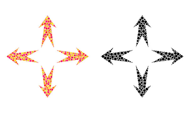 Dotted expand arrows mosaic icons. Vector expand arrows pictograms in bright and black versions. Collages of different spheric spots. Vector collages of expand arrows icons formed of different spots.