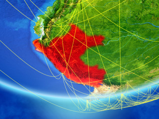 Peru on model of planet Earth with network representing travel and communication.