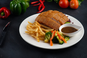 Poster - chinese crispy pork belly on dark background