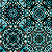 Colorful Moorish Tiles.  Set Vintage Multi-color Painting In Oriental Style. Vector Seamless Pattern.