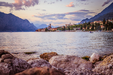 Landscape in Italy: Sunset at lago di garda, Malcesine: Lake, Clouds and village