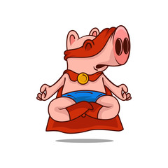 Sticker - Pig superhero levitates in the air in yoga pose with crossed legs. Animal in red mask and cape. Cartoon vector design