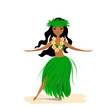 Cute hawaiian girl dancing hula in traditional costume.